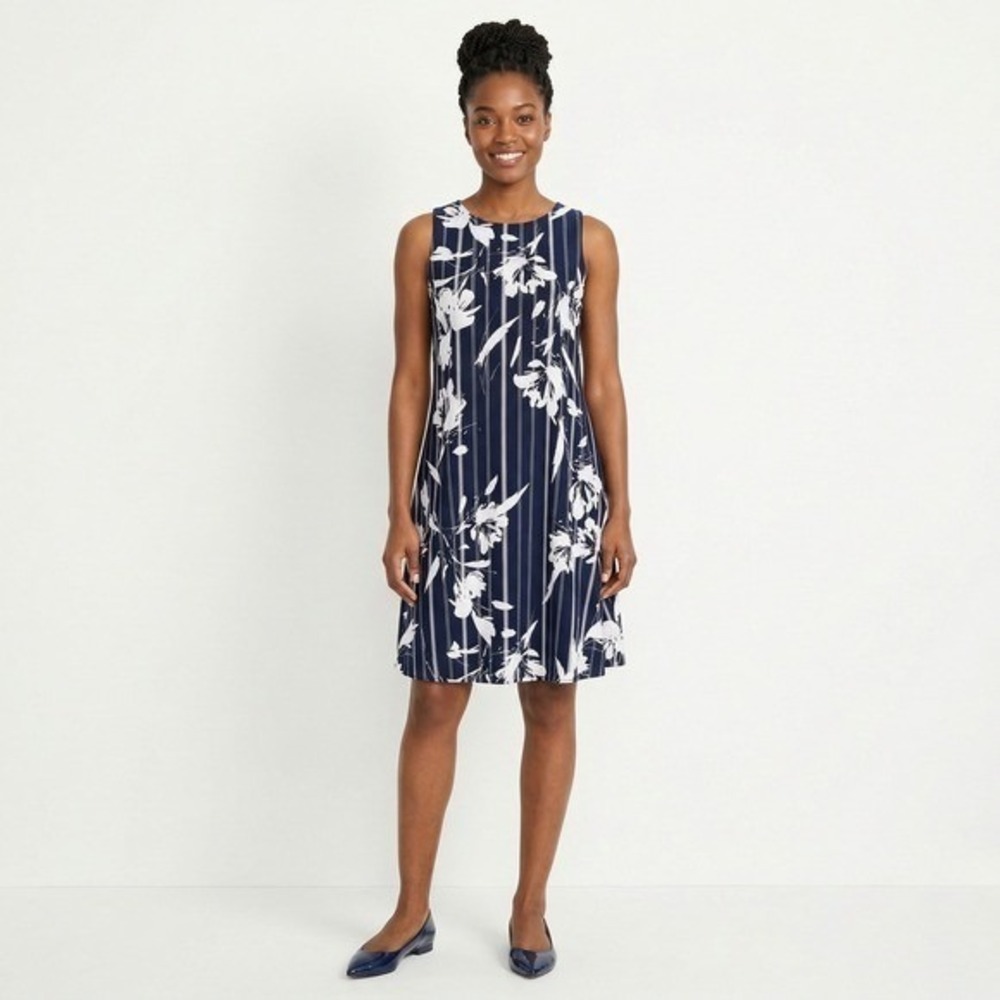 Chaps Womens XS Navy White Floral Pinstripe A-Line Dress Coastal Nautical Summer